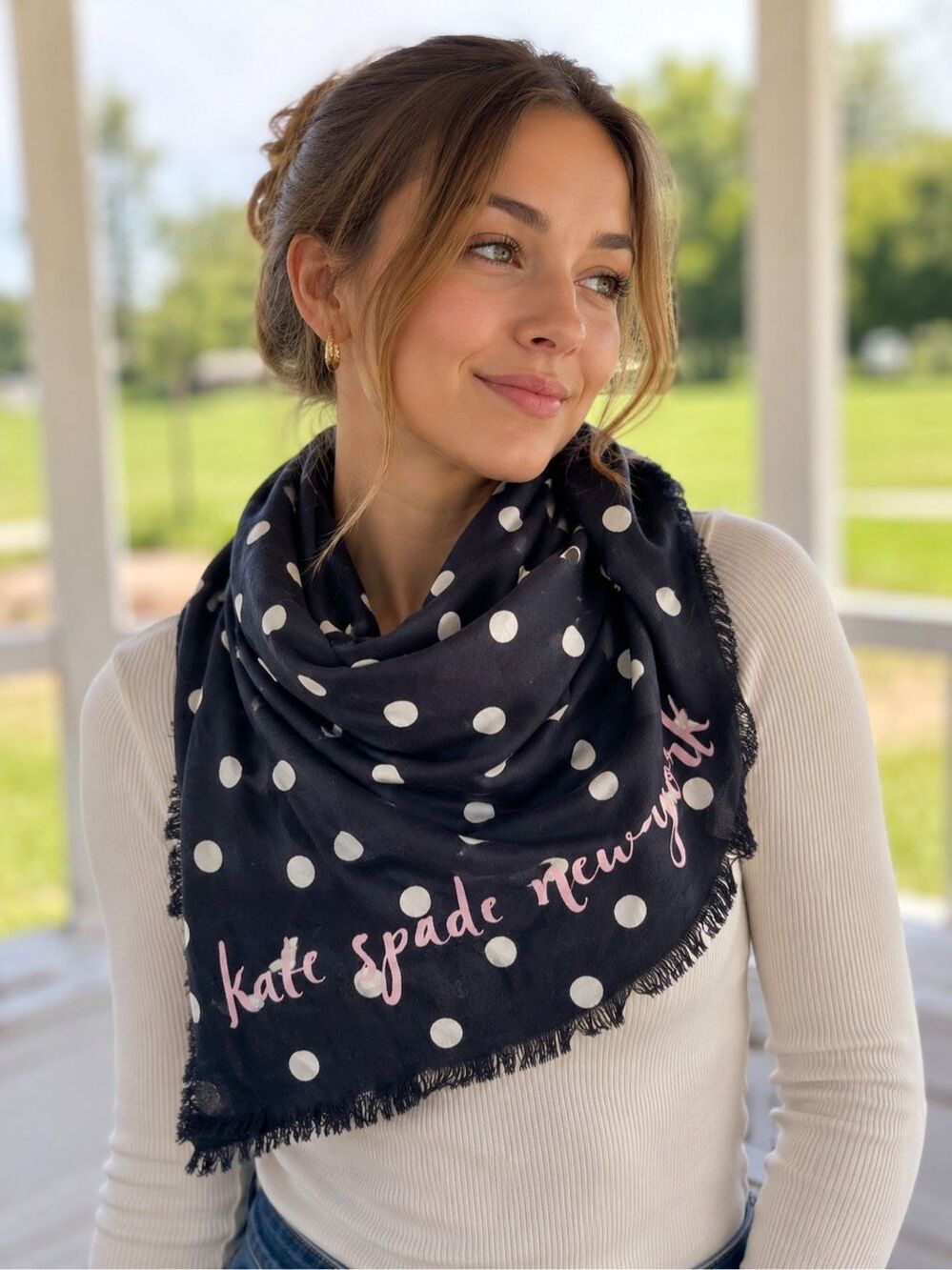 Kate Spade New York Polka Dot Scarf Black White Pink Logo Fringe Oversized Wrap